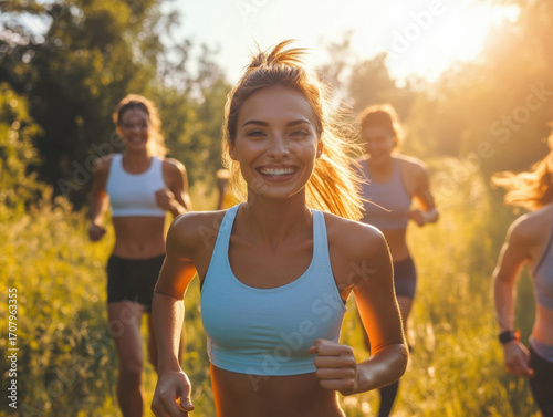 Group of women enjoying a sunset run in a natural setting