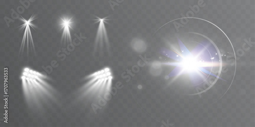 Spotlight glow lens flare set bright stage light effect transparent overlay vector.
