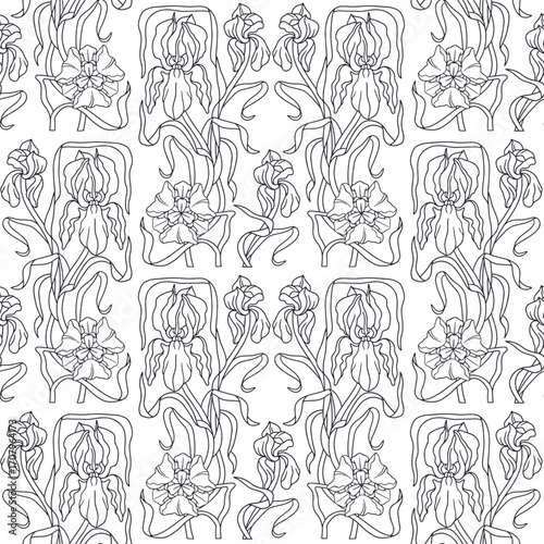 Art nouveau style hand drawn line art iris flowers seamless pattern