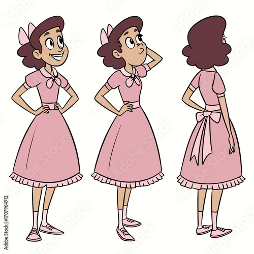 Cartoon woman in pink dress in multiple views front back side and 3/4 view