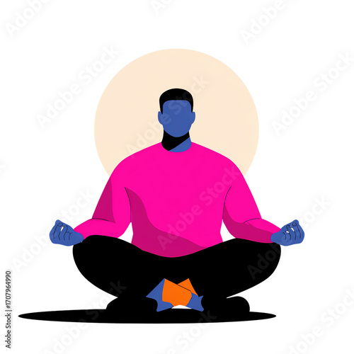 Peaceful man in pink sweater meditating with calm expression and aura