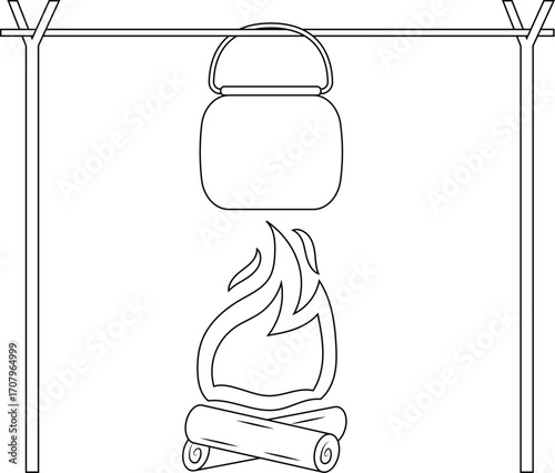Cooking Pot on Campfire Outline Icon Illustration on Transparent Background
