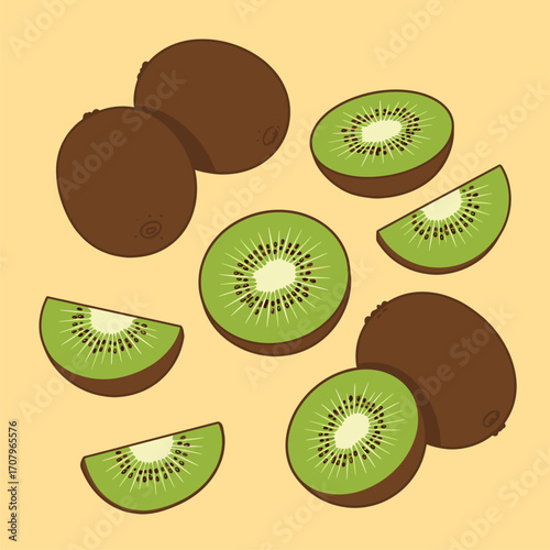 Kiwi Fruit Vector Illustration Set. Whole, Halved, and Sliced Kiwis. Healthy Tropical Food Design.