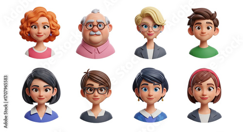 Diverse collection of 3D character avatars representing a modern family business professionals on transparent background