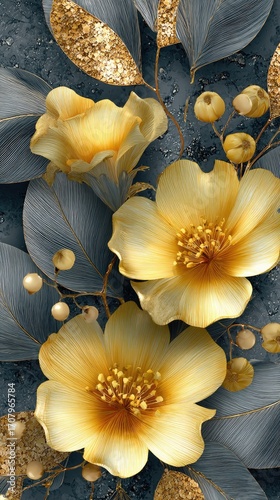 Golden yellow flowers with grey-blue leaves and gold accents on a textured backdrop; a close-up, luxurious floral arrangement