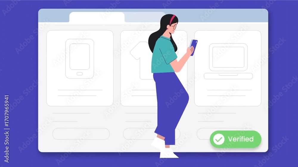 Document Authentication Animation Picture Woman verifying online account details on laptop with authentication ...