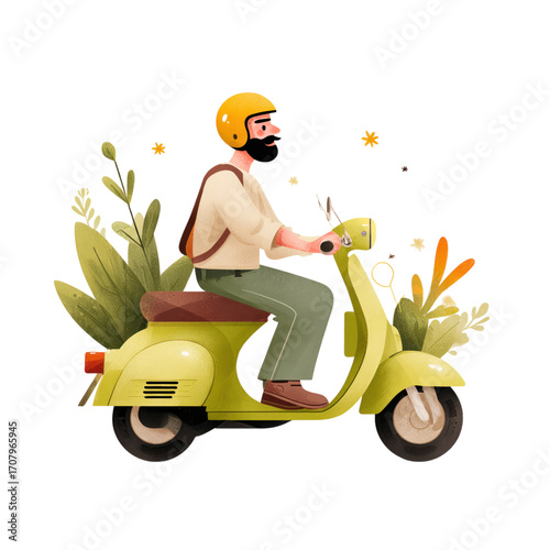 Man Riding Scooter Surrounded by Lush Greenery and Flowers