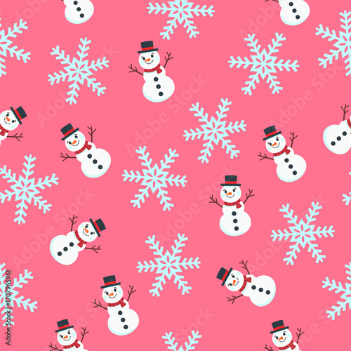 Winter wonderland with snowmen and snowflakes festive background digital art playful theme bright colors, seamless pattern
