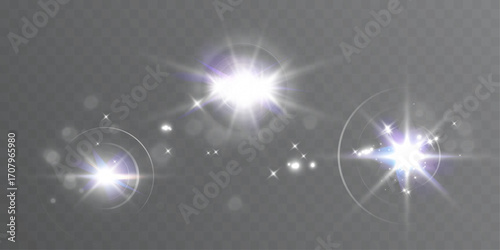 Realistic glowing star light flare isolated on transparent background.
