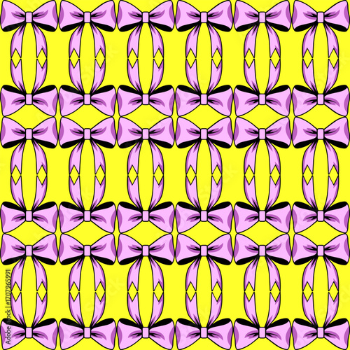 Colorful bow pattern design digital art graphic design vibrant yellow background flat decorative concept, seamless pattern