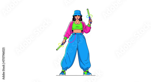 Cool Illustration of a Woman with a Stylish Outfit Neon and Pastel Accents in Her Wardrobe, Posing with Colorful, Glowing Batons for a Unique and Modern Look