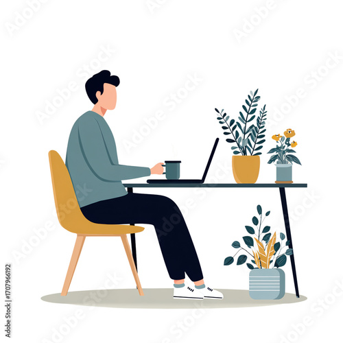 Young Man Working on Laptop at Modern Home Office with Plants