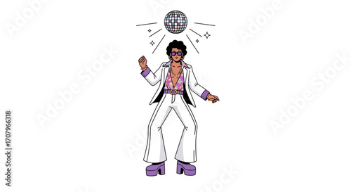 Illustration of a person dressed in a disco outfit, complete with a white suit, afro, sunglasses, and platform shoes, dancing beneath a shimmering disco ball