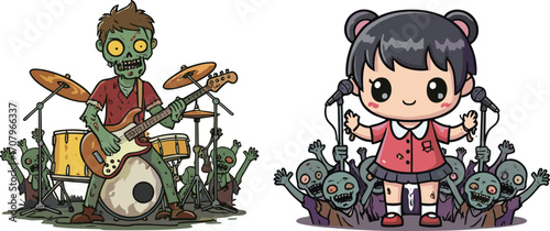 Cute girl singing with zombie band, adorable character performing on stage, undead fans cheering, Halloween music concert, fun spooky illustration