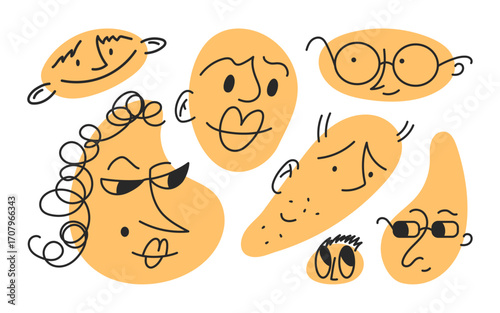 Cute hand drawn faces vector set. Funny human faces with different emotions whimsical illustration.