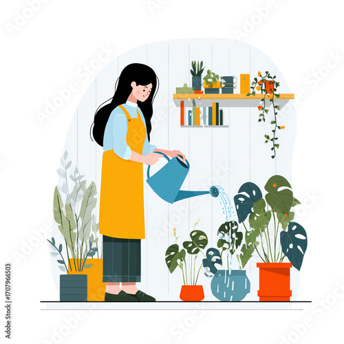 Woman in Apron Watering Houseplants with Indoor Garden Decor Style