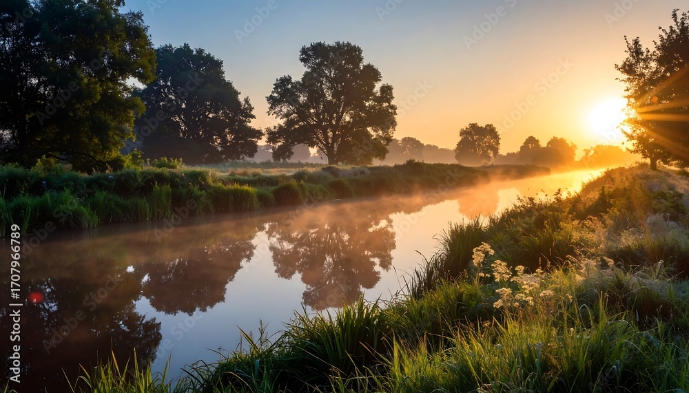 Obraz premium A serene river scene at sunrise, with mist and sunbursts over the water