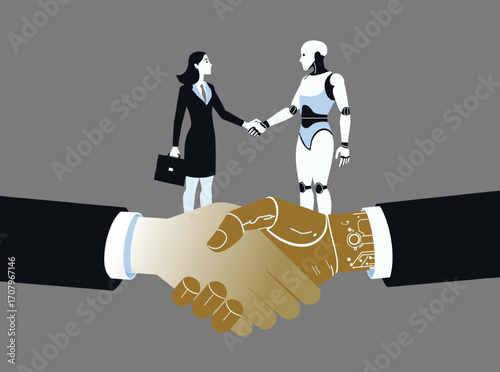 Human and AI Collaboration, Human-Robot Handshake, Contract between AI and human illustration
