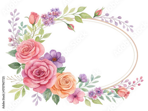 Oval floral wreath watercolor roses pastel blooms romantic decorative element for cards and invitations isolated on white background