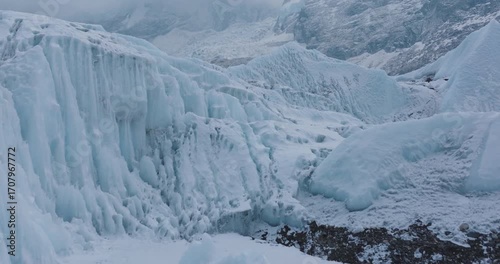 Drone view of Khumbu Glacier inside Everest Base Camp, Sagarmatha, Nepal. Layered snowy peaks, melting ice, rivers, glacier outburst risks, fragile balance between environment protection and tourism