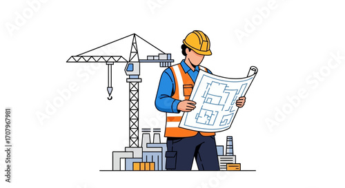 Architect on Construction Site An illustration depicting a construction worker in a vest and helmet carefully studying blueprints, with a crane and industrial buildings in the background