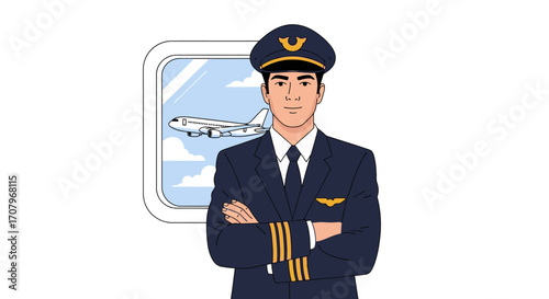 Illustration of a pilot in uniform with arms crossed, standing in front of an airplane window on a white background. The pilot is in a blue uniform with a hat and looks professional