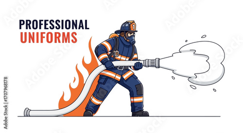 Illustration showcasing a firefighter in professional uniform, battling flames with a water hose, emphasizing safety and protective gear for emergency response and fire suppression