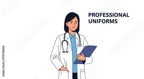 Professional uniform illustration featuring a medical professional, showcasing attire used in the healthcare setting, with a focus on the clean and professional appearance of the uniform