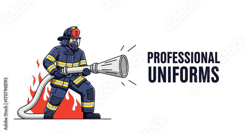Illustrative depiction of a firefighter in professional uniform, actively engaged in fire suppression, showcasing safety equipment and operational readiness for emergency response