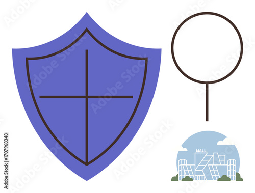 Blue shield with cross, circular magnifying glass outline, and shopping mall illustration. Ideal for protection, security, retail, investigation, prevention shopping and analysis themes. A simple