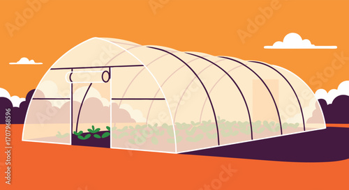 Modern Greenhouse Structure with Lush Plants Inside on a Vibrant Orange Landscape, Contemporary Agriculture Design for Farming, Horticulture, and Sustainable Growing Concepts