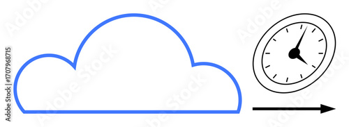 Blue cloud outline beside a clock face with an arrow indicating progress or speed. Ideal for technology, cloud storage, time-efficiency, productivity, innovation, growth, abstract design. Simple flat