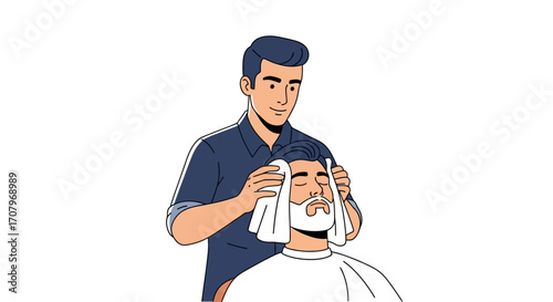 Barber shop illustration A male barber gently covers the face of his client with a warm towel, providing a relaxing grooming experience at a salon