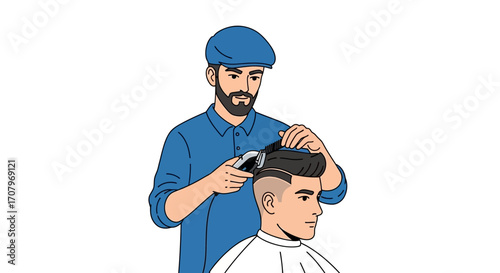 Illustration of a barber giving a client a haircut, showcasing grooming, style, and the professional service offered in a barbershop setting; focused on hair care and appearance