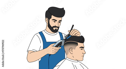 Barber providing a modern haircut to a customer. A professional barber giving a stylish fade with clippers and comb, creating a contemporary hairstyle