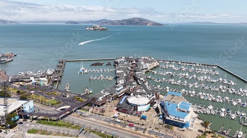 San Francisco Bay, California USA, Revealing Drone Shot of Pier 39 and Alcatraz Island
