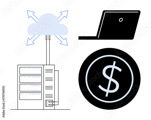 Cloud storage linked to server and laptop with financial symbol. Ideal for cloud computing, data security, business finances, technology costs, analytics, remote work, simple flat metaphor