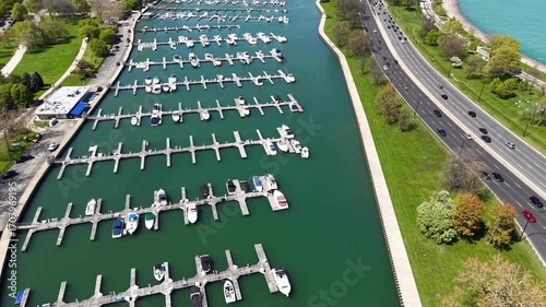 Chicago USA, Drone Shot of Diversey Harbor and Traffic on Lakeshore Drive by Lake Michigan