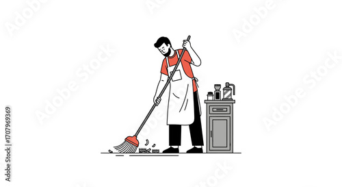 A man is sweeping the floor in a cafe, business or retail establishment, with a broom, cleaning up dirt and debris in a vector illustration, cleaning service concept