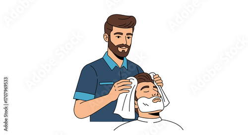 An illustration of a barber offering a hot towel service to a customer, a classic grooming ritual enhancing the shaving experience in a traditional barbershop setting