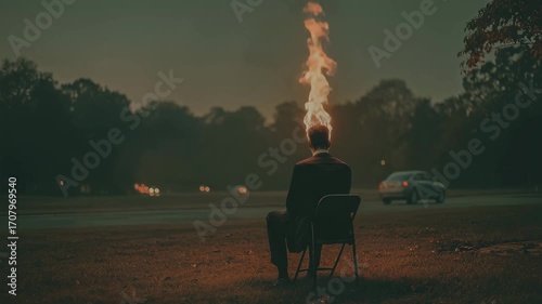 Man in Suit Sitting with Head on Fire in Surreal Outdoor Field Scene
