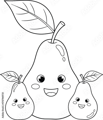 Adorable Cartoon Pears Family Coloring Page - Cute Fruit Outline Illustration for Kids