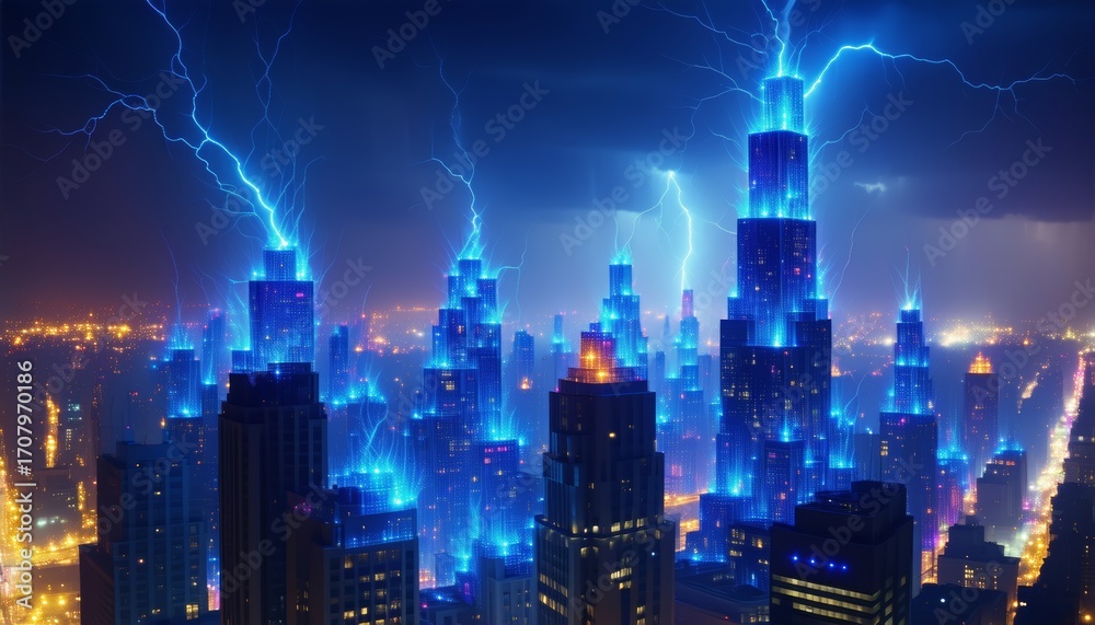 Obraz premium Neon Geometric Skyscrapers Constructed From Bright Plasma Beams