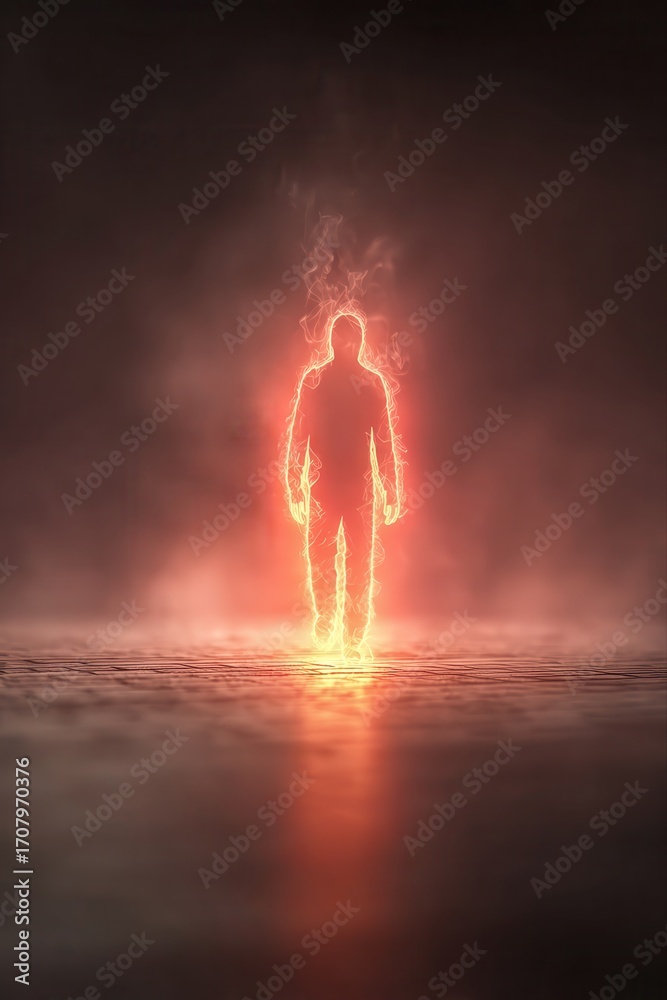 Obraz premium Glowing human silhouette walking in haze with fiery aura, conceptual visualization of high fever and body heat