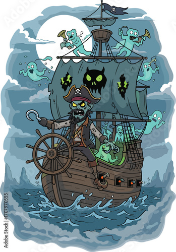 Ghost pirate captain steering haunted ship with glowing green eyes, ghostly crew playing instruments, dark ocean waves, spooky night, adventure