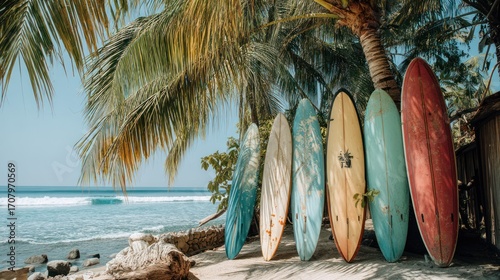 Fototapeta Naklejka Na Ścianę i Meble -  Surfboard collection leaning against palm tree