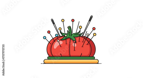 An illustrated depiction of a pincushion shaped like a red tomato, with numerous pins inserted into it, showcasing a sewing and craft concept