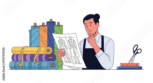 Fashion designer contemplating design sketches with fabrics, considering material choices for garment creation, analyzing design concepts