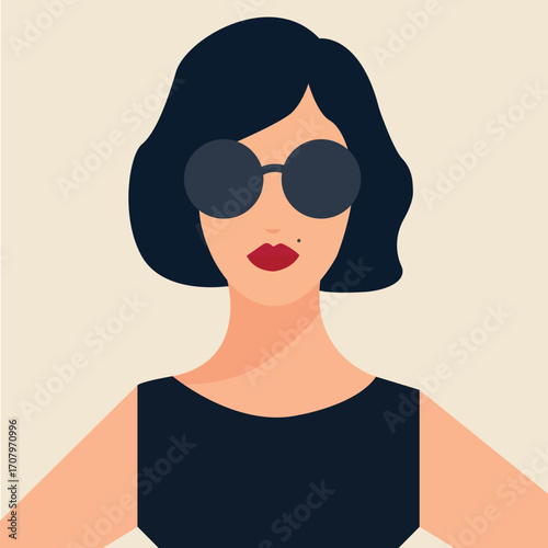 Elegant Woman in Sunglasses. Modern fashion portrait with short black hair and red lipstick on a light background, perfect for posters, web design, branding, or social media graphics.