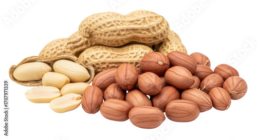 Photos Isolated pile of whole and shelled peanuts close-up, heap of raw organic nuts, m